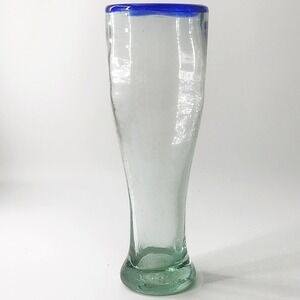 Hand Blown Pilsner Glass with Blue Rim Tall Artisan Beer Glass‎